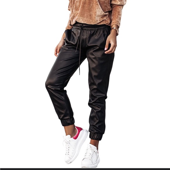 Black leather pleather fleece lined drawstring joggers jogging pants small - Picture 3 of 7